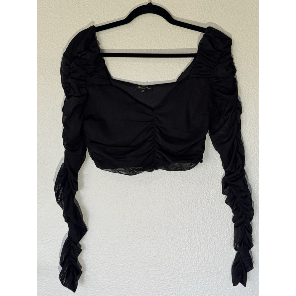 Shinestar Black Ruched Mesh Long Sleeved Crop Top M Square Neck Party Goth Y2K